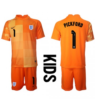 Lacne Dětský Futbalové dres Anglicko Jordan Pickford #1 Brankarsky  MS 2022 Krátky Rukáv - Preč (+ trenírky)